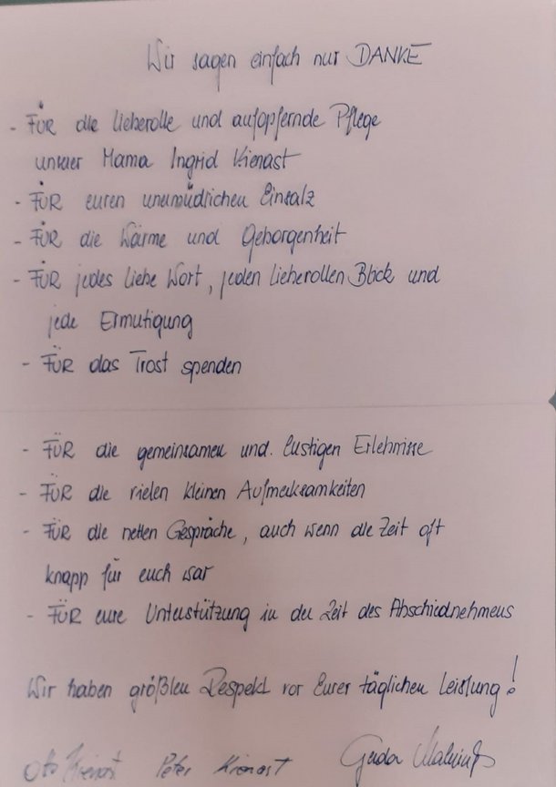 geschriebener Text mit Dankesworten